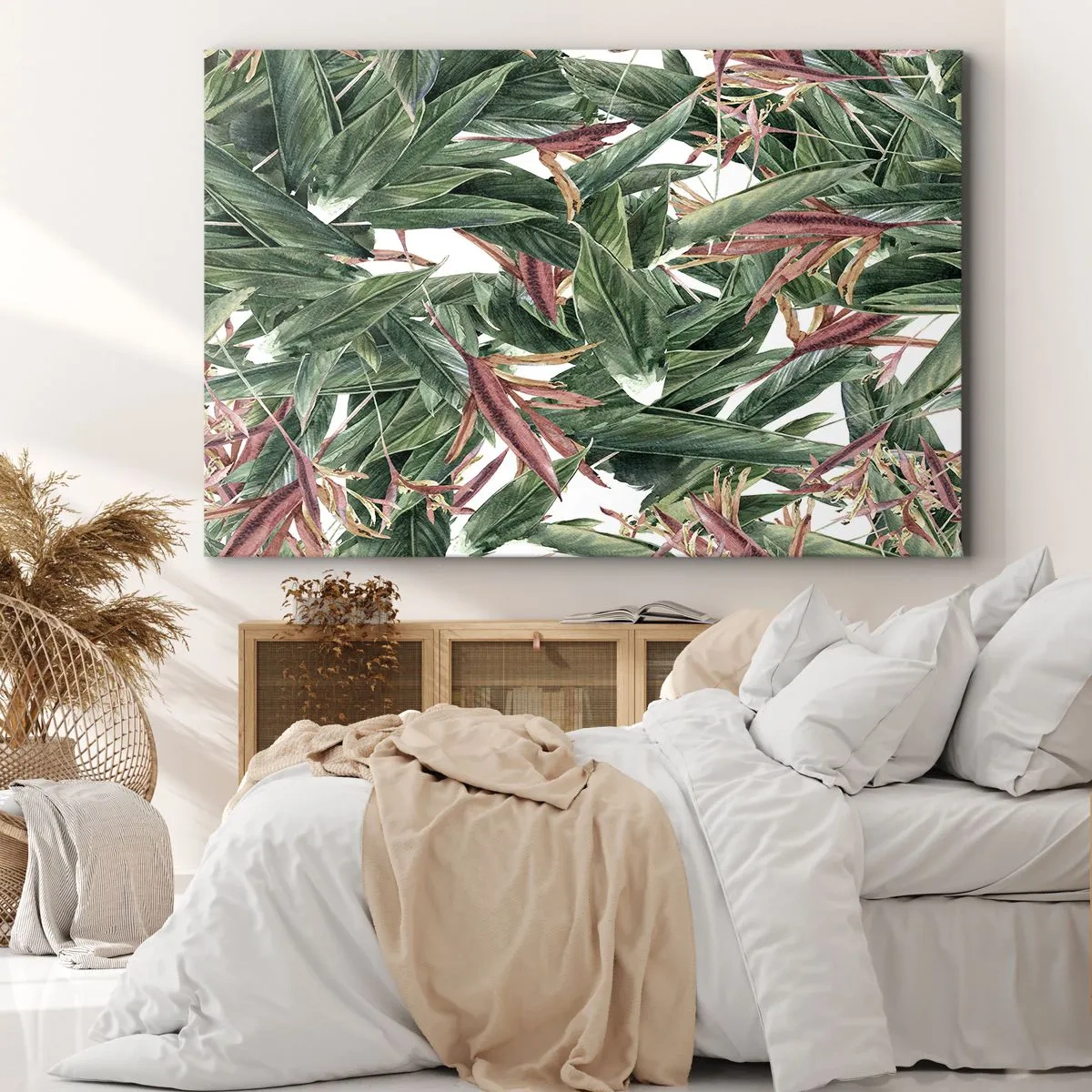 Impression sur toile - Image sur toile - Un motif de feuille décoratif dans des tons de vert et de bordeaux sur un fond clair - 70x50cm - Arbuste émeraude-lilas - Décoration murale moderne pour le salon et la chambre ARTTOR
