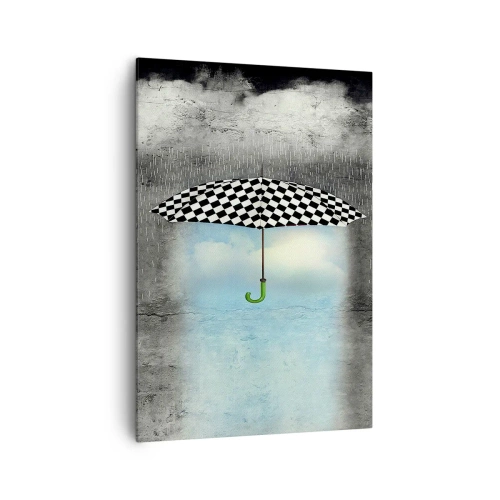 Impression sur toile - Image sur toile - Un parapluie à carreaux sur un paysage pluvieux - 70x100cm - Et pourtant c'est possible - Décoration murale moderne pour le salon et la chambre ARTTOR