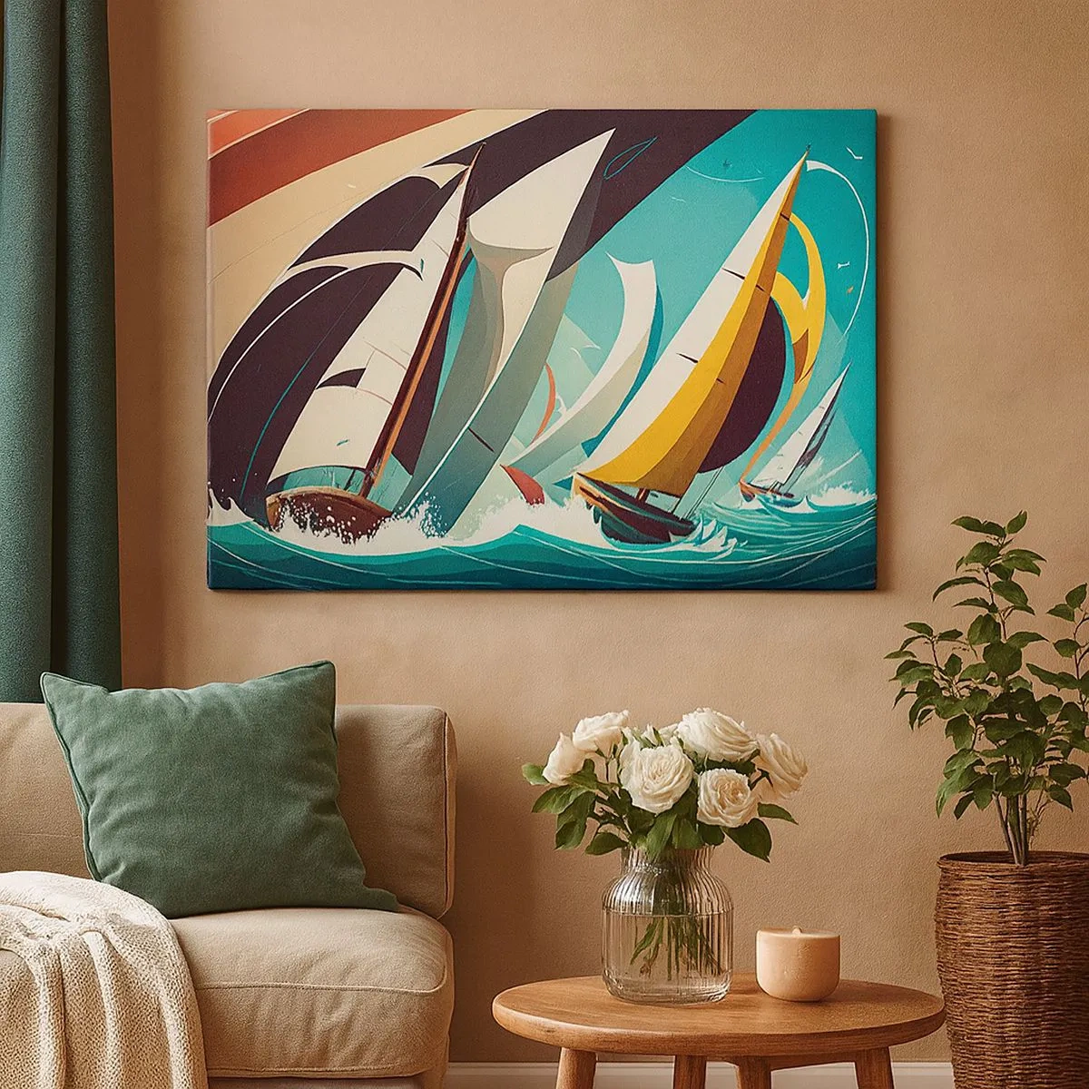 Impression sur toile - Image sur toile - Une illustration dynamique de voiliers dans une mer agitée. - 70x50cm - Bonne chance avec les éléments - Décoration murale moderne pour le salon et la chambre ARTTOR