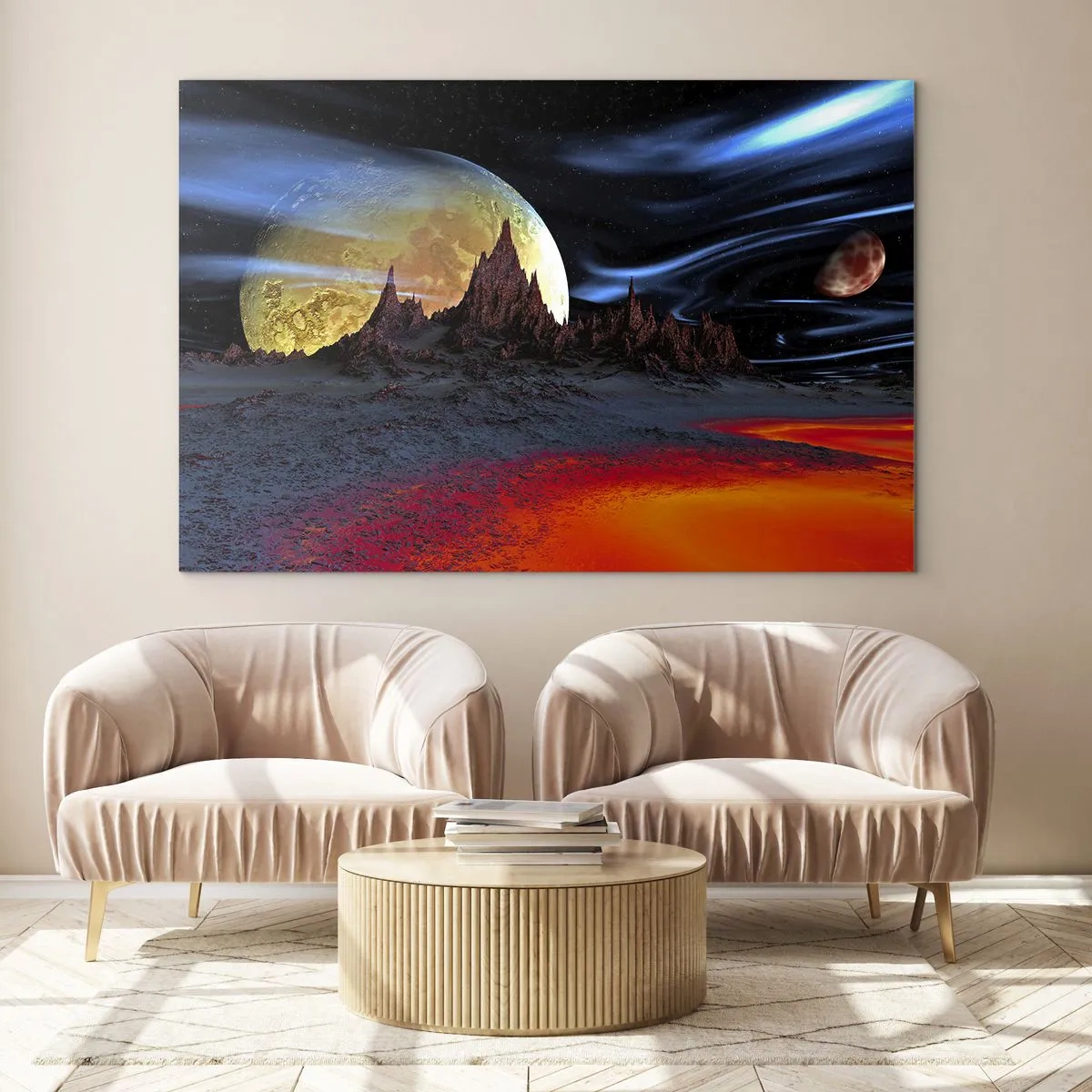 Impression sur verre - Image sur verre - Paysage extraterrestre avec une planète et un ciel coloré - 100x70cm - Monde inconnu - Décoration murale moderne pour le salon et la chambre ARTTOR