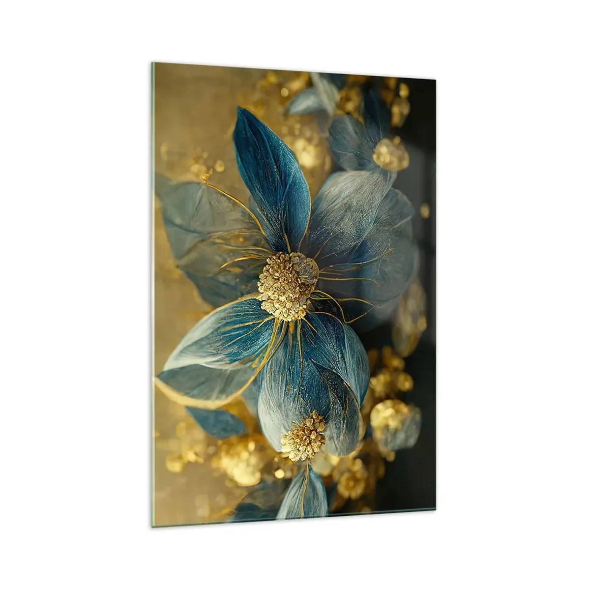 Impression sur verre - Image sur verre - Fleurs élégantes dans des tons de bleu et d'or - 70x100cm - Fleurir avec de l'or - Décoration murale moderne pour le salon et la chambre ARTTOR