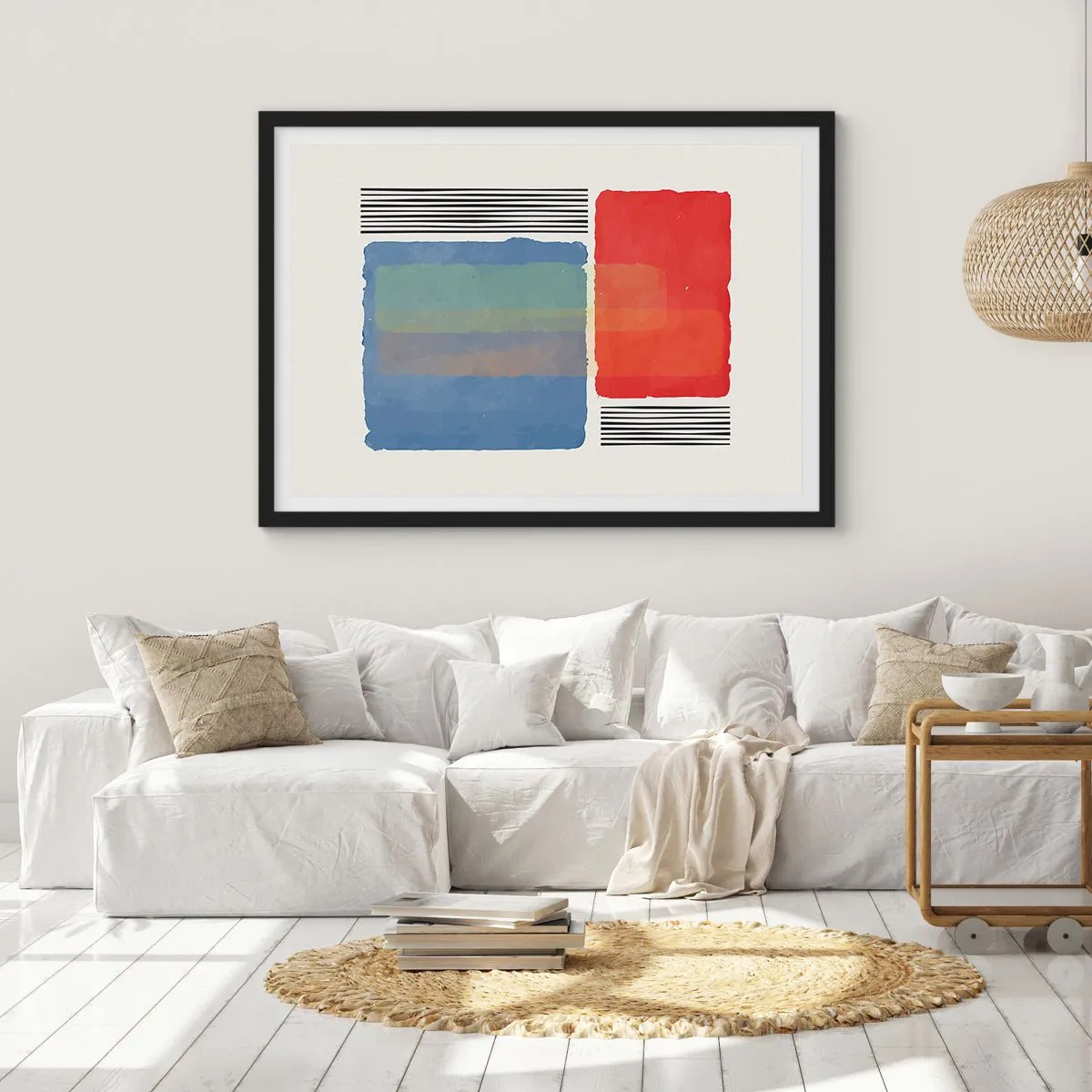 Affiche dans un cadre noir - Poster - Composition géométrique avec des blocs et des lignes colorés - 70x50cm - Esprit et lettre de la géométrie - Décoration murale moderne pour le salon et la chambre ARTTOR