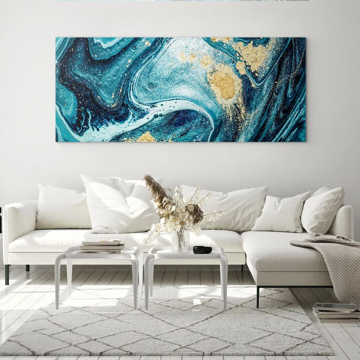 Impression sur verre - Image sur verre - Une composition abstraite de vagues et d'accents dorés - 120x50cm - Vortex bleu - Décoration murale moderne pour le salon et la chambre ARTTOR