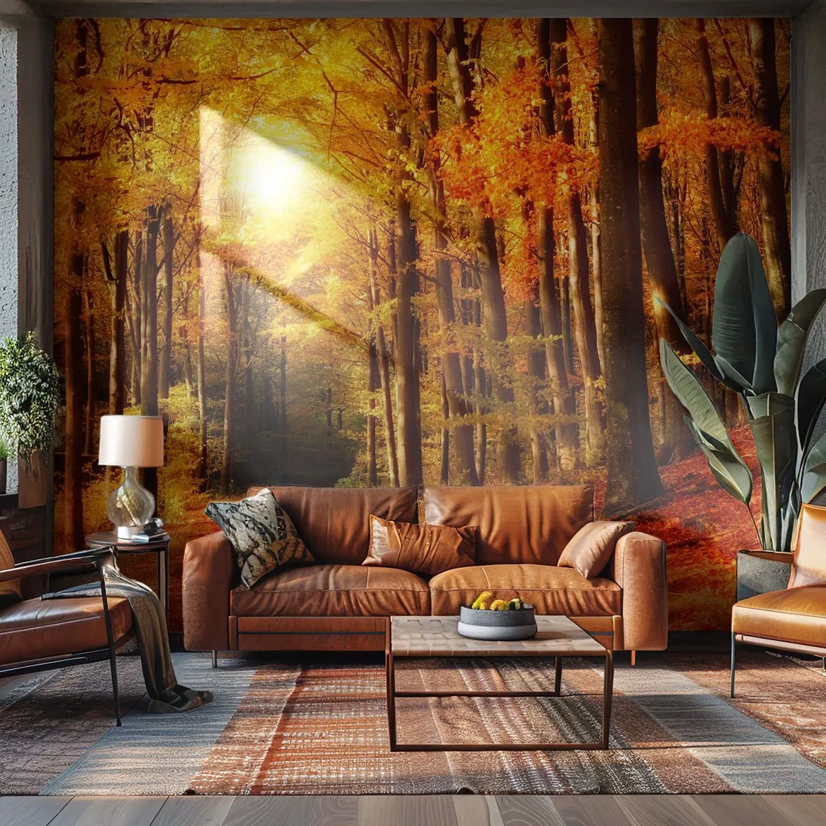 Papier Peint Photo Premium Sand - Forêt d'automne avec des rayons de soleil dorés - 100x70cm - Automne doré sur une route forestière - Décoration murale moderne pour le salon et la chambre ARTTOR