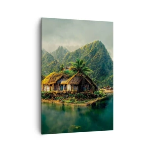 Impression sur toile - Image sur toile - Une île tropicale avec des palmiers et des montagnes en arrière-plan - 70x100cm - Paradis tropical - Décoration murale moderne pour le salon et la chambre ARTTOR