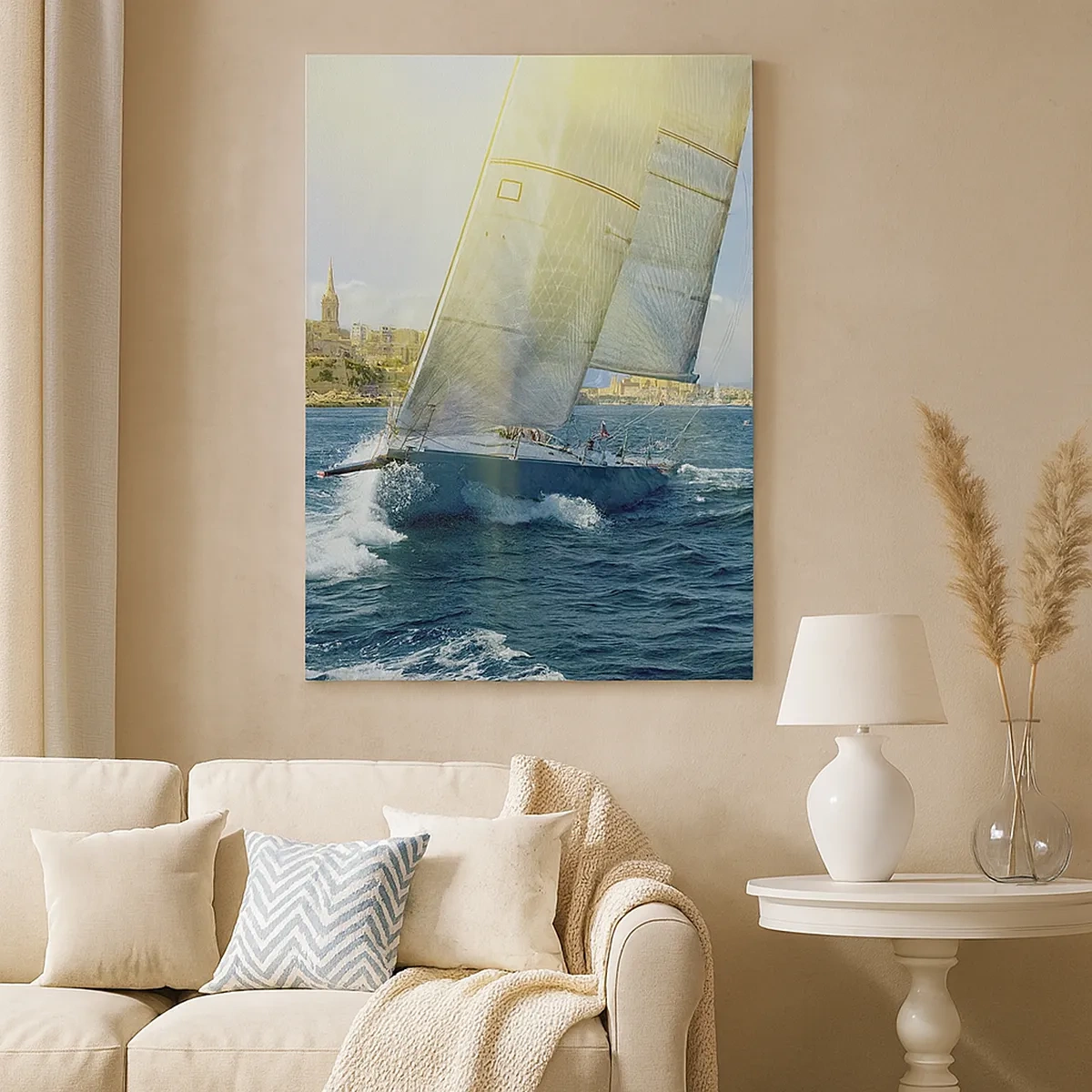 Impression sur toile - Image sur toile - Course de yachts sur fond de côte ensoleillée - 50x70cm - Il est temps de quitter la ville - Décoration murale moderne pour le salon et la chambre ARTTOR