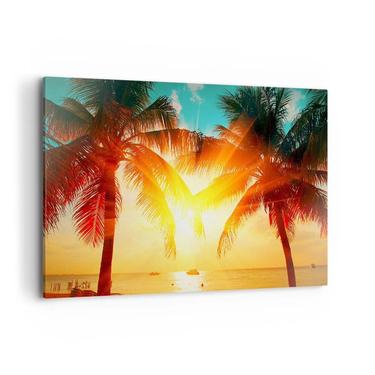 Impression sur toile - Image sur toile - Palmiers illuminés par la chaude lumière du soleil couchant - 100x70cm - Couple exotique - Décoration murale moderne pour le salon et la chambre ARTTOR