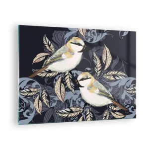 Impression sur verre - Image sur verre - Illustration de deux oiseaux sur un fond sombre avec des ornements - 70x50cm - Babillement jaune et bleu - Décoration murale moderne pour le salon et la chambre ARTTOR