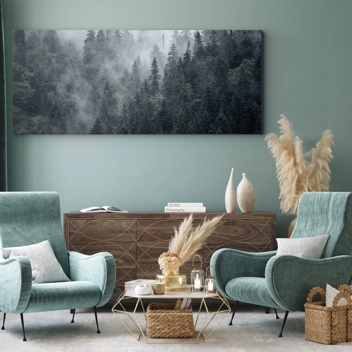 Impression sur toile - Image sur toile - Forêt de conifères brumeuse aux tons gris et verts - 160x50cm - Aube de la forêt - Décoration murale moderne pour le salon et la chambre ARTTOR