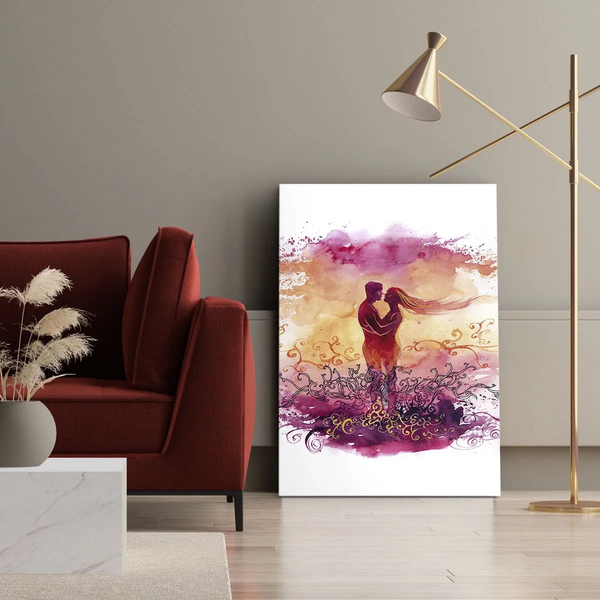 Impression sur toile - Image sur toile - Un couple s'embrassant sur un motif abstrait rose et orange - 80x120cm - Un coeur! Je n'ai pas besoin de beaucoup… - Décoration murale moderne pour le salon et la chambre ARTTOR
