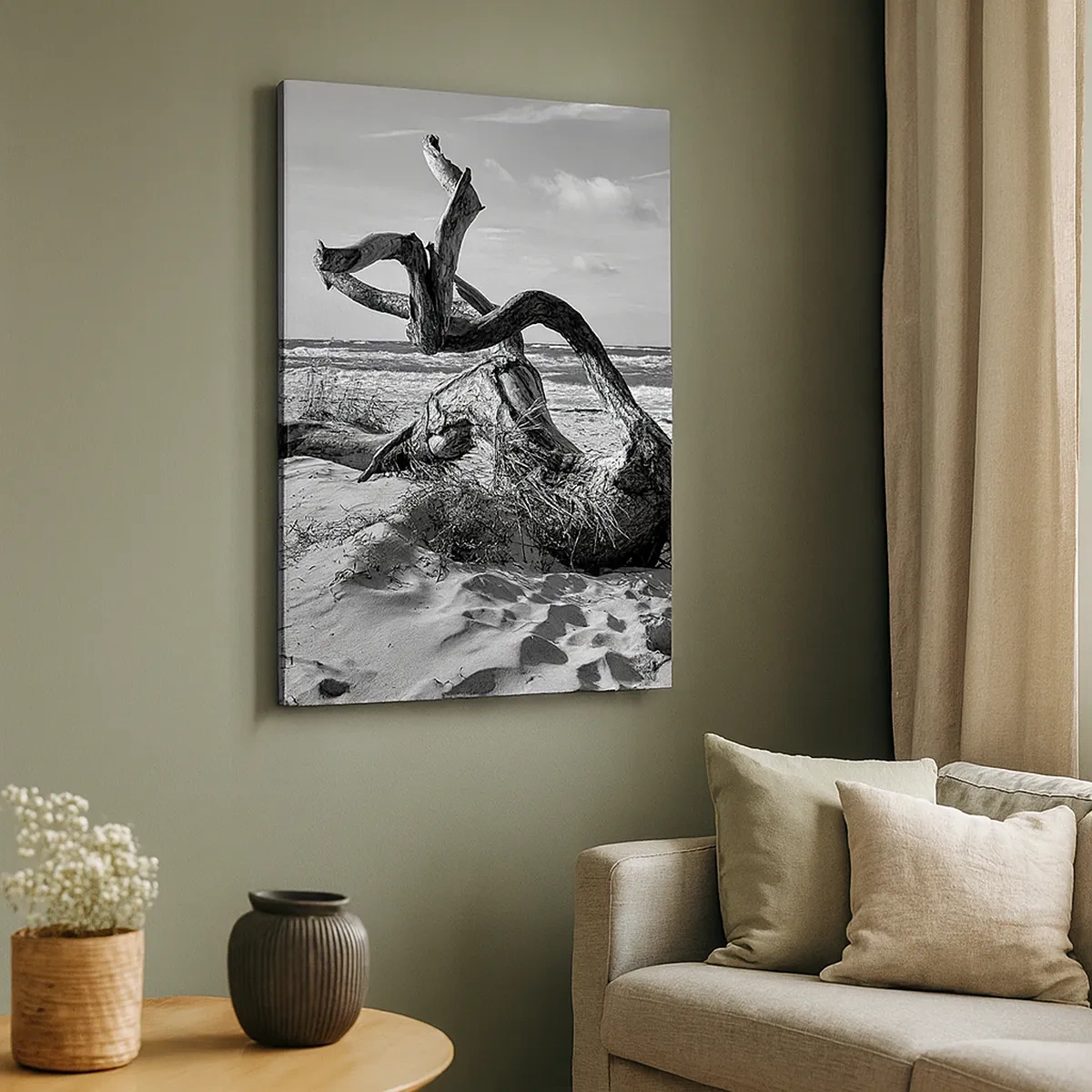 Impression sur toile - Image sur toile - Paysage noir et blanc avec un arbre mort sur la plage - 50x70cm - Sculpture marine - Décoration murale moderne pour le salon et la chambre ARTTOR