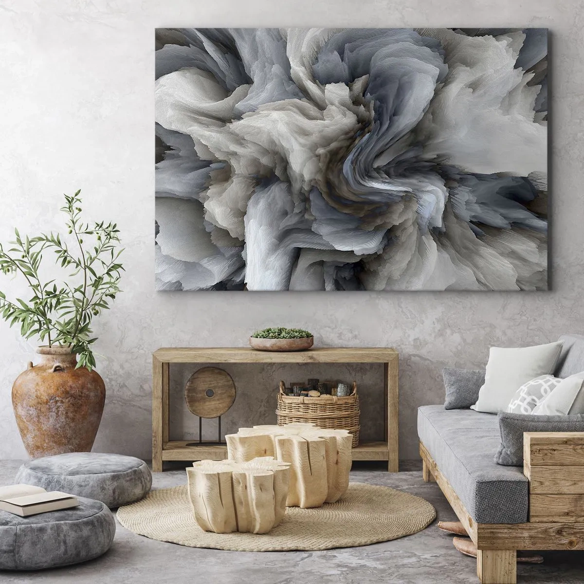 Impression sur toile - Image sur toile - Tourbillon abstrait dans les tons de gris et de bleu - 70x50cm - Pierre et fleur - Décoration murale moderne pour le salon et la chambre ARTTOR