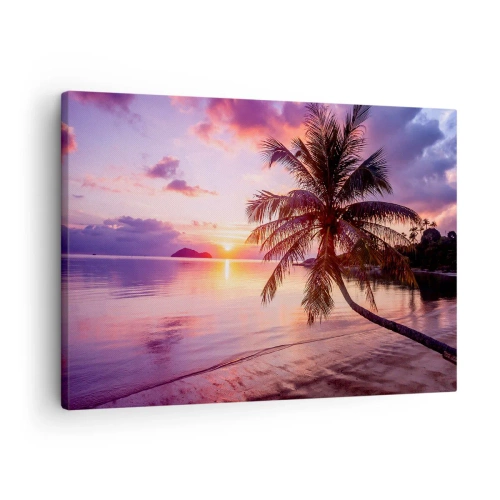 Impression sur toile - Image sur toile - Plage tropicale avec palmier au coucher du soleil - 70x50cm - Le bonheur à l'horizon - Décoration murale moderne pour le salon et la chambre ARTTOR