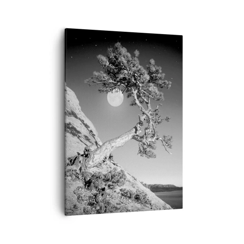 Impression sur toile - Image sur toile - Arbre noir et blanc sur une falaise avec la lune en arrière-plan - 50x70cm - Un combattant vainqueur - Décoration murale moderne pour le salon et la chambre ARTTOR