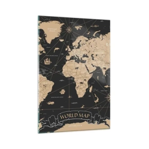 Impression sur verre - Image sur verre - Une carte du monde stylisée sur fond noir avec des accents beiges. - 80x120cm - Les limites de mon monde - Décoration murale moderne pour le salon et la chambre ARTTOR