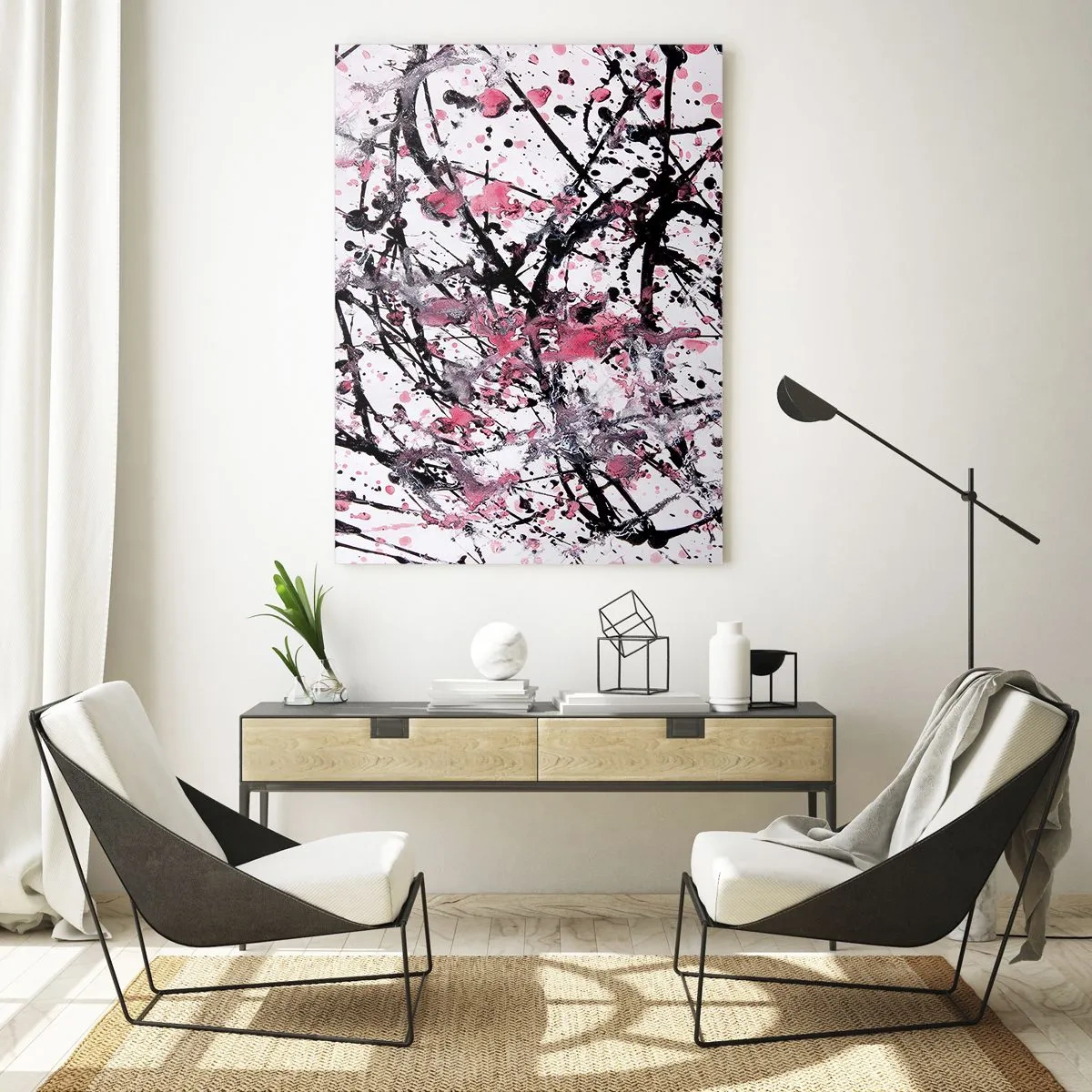 Impression sur verre - Image sur verre - Lignes abstraites dynamiques et taches roses sur fond blanc - 50x70cm - La nature éphémère de la vie - Décoration murale moderne pour le salon et la chambre ARTTOR