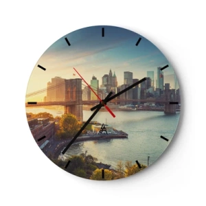 Horloge murale - Pendule murale - Vue du pont de Brooklyn et des toits de la ville au coucher du soleil - 30x30cm - L'aube de la grande ville - Décoration murale moderne pour le salon, la cuisine et la chambre ARTTOR