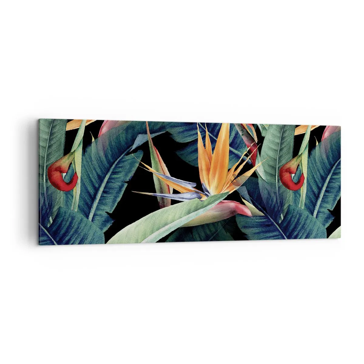 Impression sur toile - Image sur toile - Fleurs et feuilles tropicales sur fond noir - 140x50cm - Fleurs flamboyantes des tropiques - Décoration murale moderne pour le salon et la chambre ARTTOR