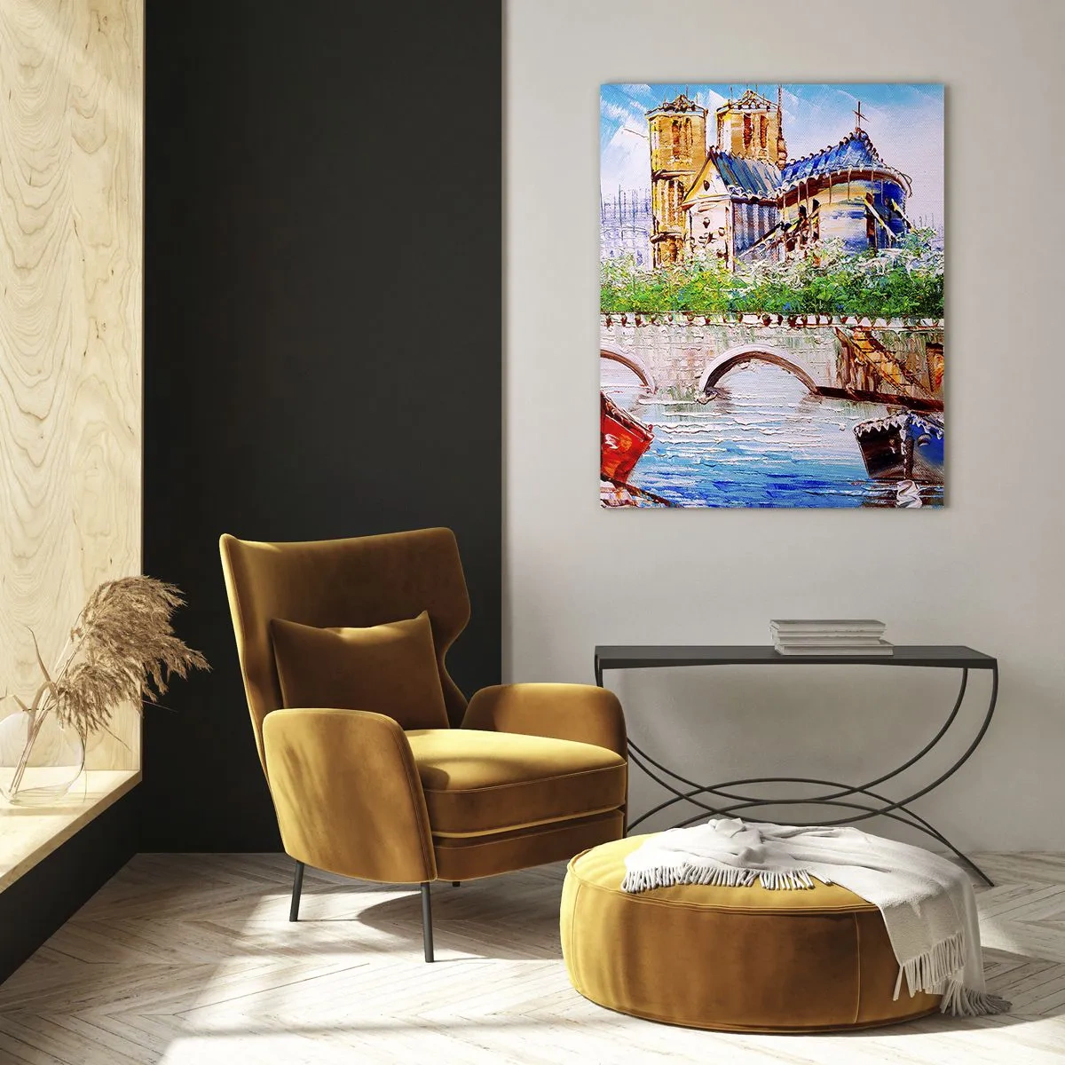Impression sur verre - Image sur verre - Pont et bateaux sur fond de cathédrale historique - 50x70cm - Leur temps ne passe jamais - Décoration murale moderne pour le salon et la chambre ARTTOR