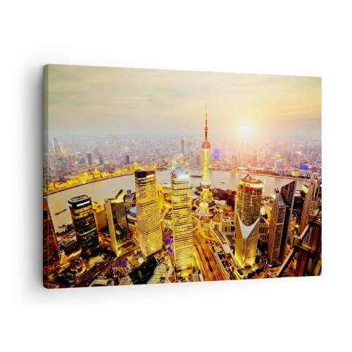Impression sur toile - Image sur toile - Panorama de la ville avec des gratte-ciels au coucher du soleil - 70x50cm - Rêve asiatique - Décoration murale moderne pour le salon et la chambre ARTTOR