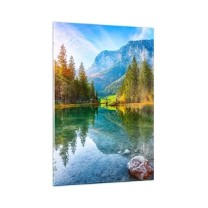 Impression sur verre - Image sur verre - Un lac pittoresque entouré de montagnes et de forêts - 80x120cm - Douceur automnale - Décoration murale moderne pour le salon et la chambre ARTTOR