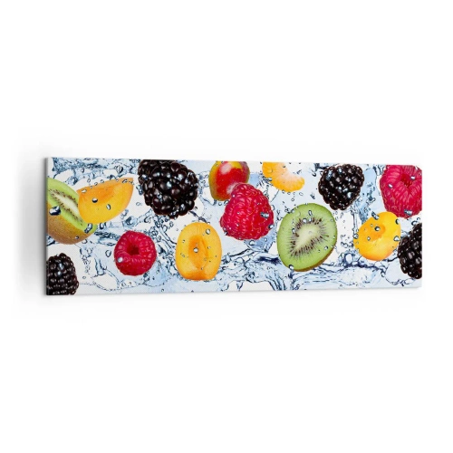 Impression sur toile - Image sur toile - Fruits colorés immergés dans des éclaboussures d'eau sur un fond blanc - 160x50cm - Amusez-vous avec nous - Décoration murale moderne pour le salon et la chambre ARTTOR