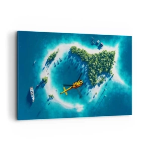 Impression sur toile - Image sur toile - Une île tropicale entourée d'eau turquoise avec un hélicoptère en vue - 120x80cm - Achetez-vous une île - Décoration murale moderne pour le salon et la chambre ARTTOR