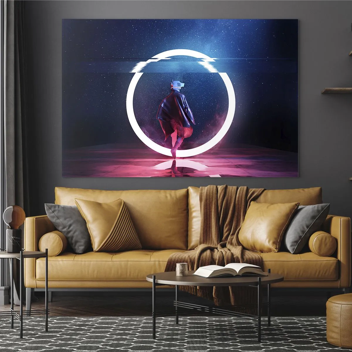 Impression sur verre - Image sur verre - Une figurine dans un décor futuriste avec un anneau néon - 70x50cm - Entre deux mondes - Décoration murale moderne pour le salon et la chambre ARTTOR
