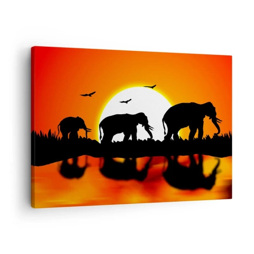 Impression sur toile - Image sur toile - Silhouettes d'éléphants au coucher du soleil sur l'eau avec reflet - 70x50cm - Et le soir pour un petit verre - Décoration murale moderne pour le salon et la chambre ARTTOR