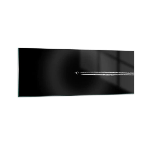 Impression sur verre - Image sur verre - Un avion à réaction avec une traînée de condensation visible sur fond noir - 140x50cm - Dans une autre dimension - Décoration murale moderne pour le salon et la chambre ARTTOR