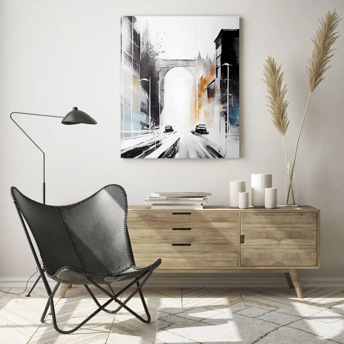 Impression sur verre - Image sur verre - Une rue de ville dynamique avec des voitures et une arche en arrière-plan dans un style pictural. - 50x70cm - Étude de ville : architecture et mouvement - Décoration murale moderne pour le salon et la chambre ARTTO