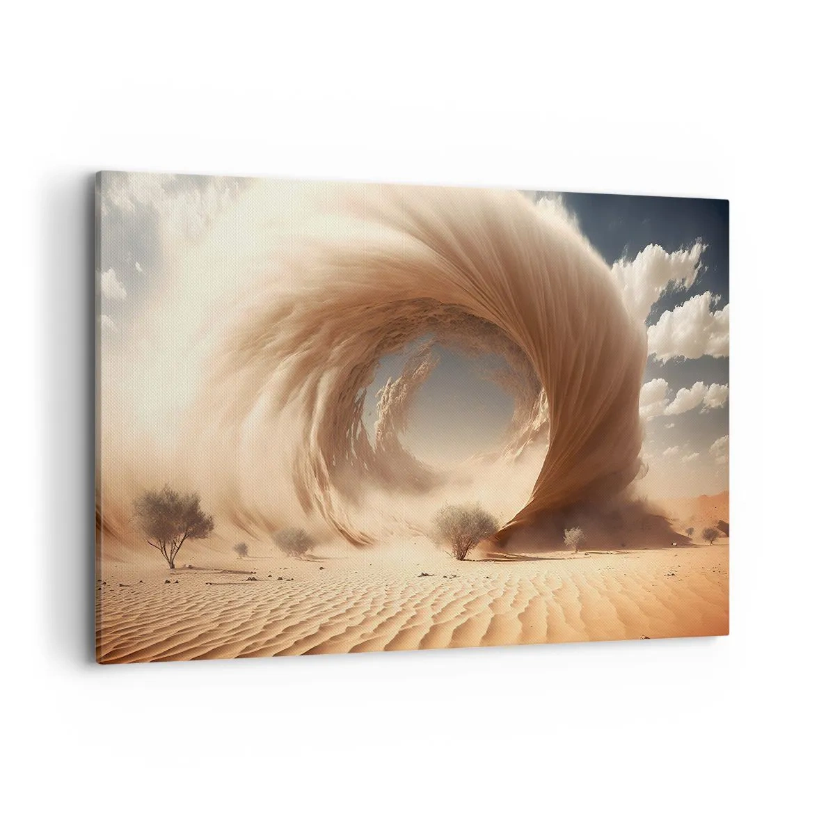 Impression sur toile - Image sur toile - Tourbillon de sable dynamique dans un désert avec des arbres - 120x80cm - Portail ouvert - Décoration murale moderne pour le salon et la chambre ARTTOR