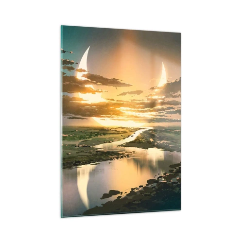 Impression sur verre - Image sur verre - Un paysage fantastique avec une double lune sur la rivière - 50x70cm - Quelque part dans une galaxie lointaine, très lointaine - Décoration murale moderne pour le salon et la chambre ARTTOR