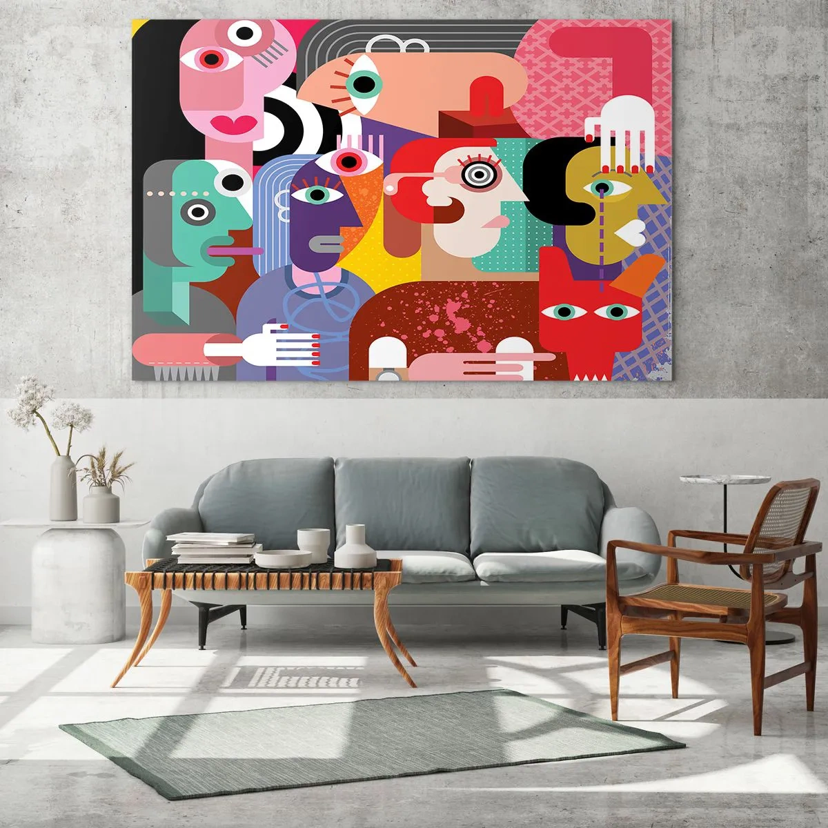 Impression sur verre - Image sur verre - Composition abstraite de visages aux couleurs vives - 100x70cm - Nous par M. Picasso - Décoration murale moderne pour le salon et la chambre ARTTOR