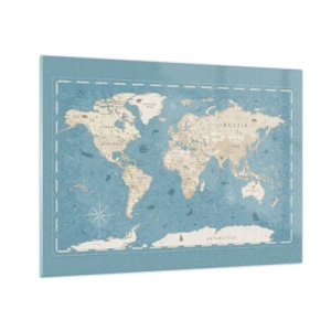 Impression sur verre - Image sur verre - Carte du monde stylisée sur fond bleu - 70x50cm - Le monde à porter de main - Décoration murale moderne pour le salon et la chambre ARTTOR