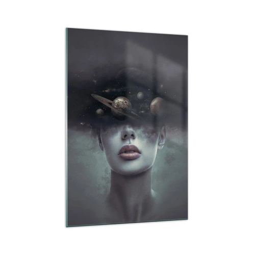 Impression sur verre - Image sur verre - Un visage de femme avec un motif de planète et d'espace en arrière-plan - 70x100cm - Et les planètes deviennent folles... - Décoration murale moderne pour le salon et la chambre ARTTOR
