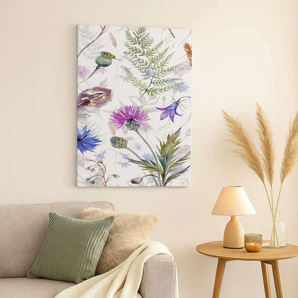Impression sur toile - Image sur toile - Fleurs et herbes à l'aquarelle sur fond blanc dans le style herbier - 50x70cm - Herbier polonais - Décoration murale moderne pour le salon et la chambre ARTTOR