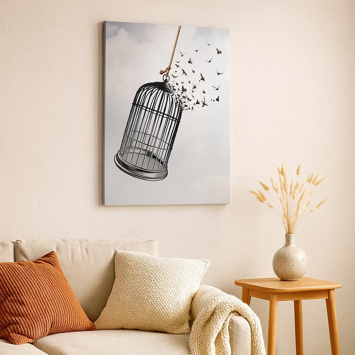 Impression sur toile - Image sur toile - Des oiseaux s'envolent d'une cage dans le ciel - 50x70cm - Foie...Espoir...Liberté! - Décoration murale moderne pour le salon et la chambre ARTTOR