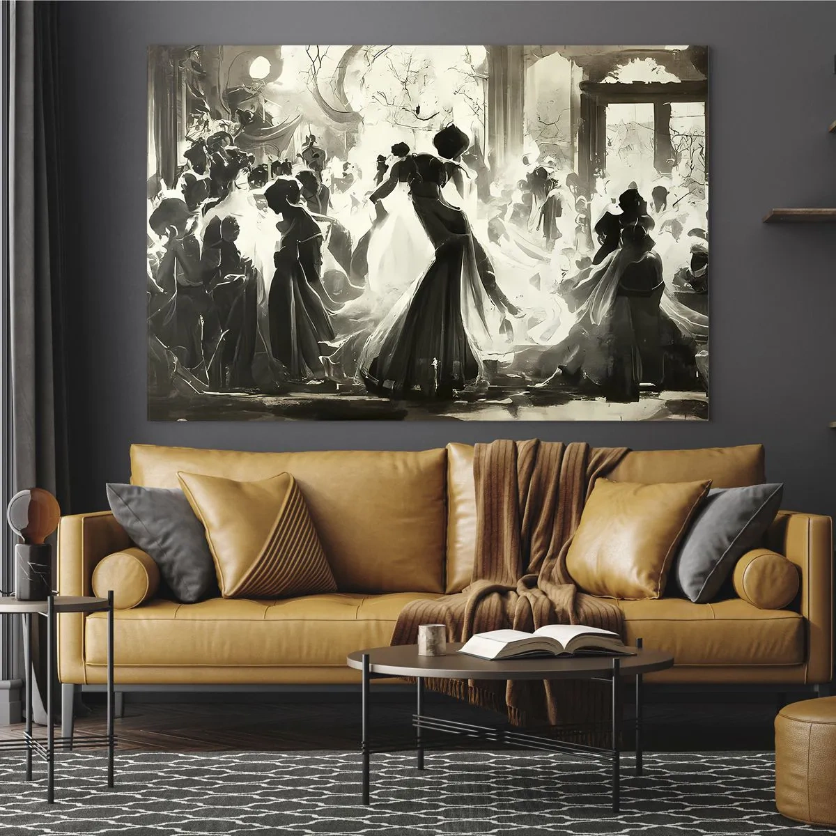 Impression sur verre - Image sur verre - Une scène de salle de bal de style rétro avec des personnages dansants - 70x50cm - La grande mascarade - Décoration murale moderne pour le salon et la chambre ARTTOR