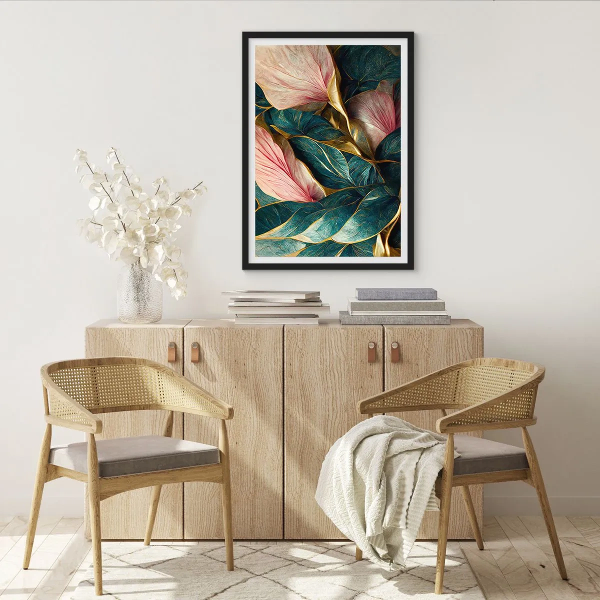 Affiche dans un cadre noir - Poster - Une élégante composition de feuilles dans des tons de vert, d'or et de rose - 50x70cm - Élégance et style naturels - Décoration murale moderne pour le salon et la chambre ARTTOR