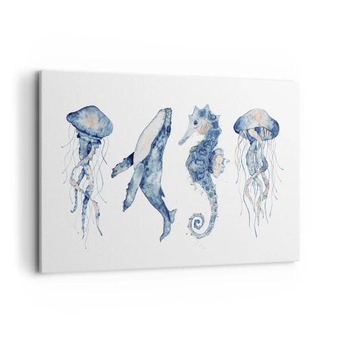 Impression sur toile - Image sur toile - Méduse, baleine et hippocampe dans un style aquarelle - 120x80cm - Merveilles de la mer - Décoration murale moderne pour le salon et la chambre ARTTOR