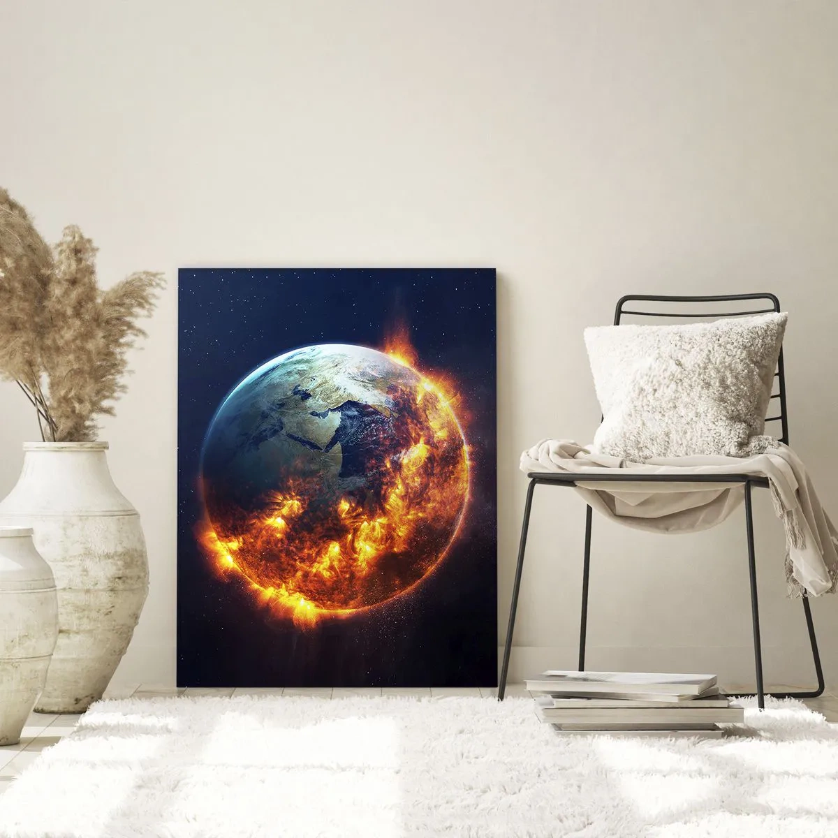 Impression sur verre - Image sur verre - La Terre entourée de flammes dans l'espace - 50x70cm - La flamme de l'apocalypse - Décoration murale moderne pour le salon et la chambre ARTTOR