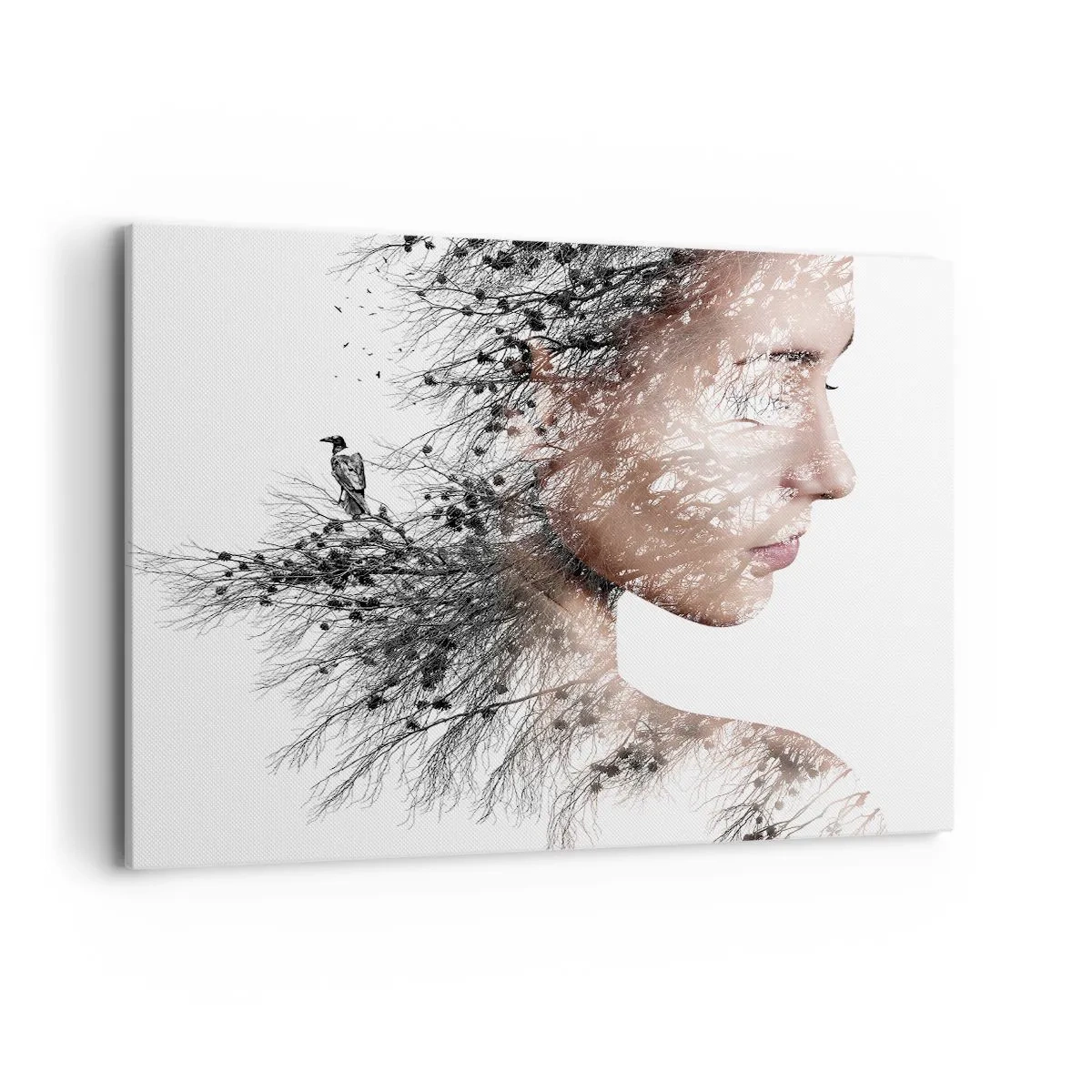 Impression sur toile - Image sur toile - Silhouette d'une femme avec un motif de branche et d'oiseau en arrière-plan - 120x80cm - L'âme de la forêt - Décoration murale moderne pour le salon et la chambre ARTTOR