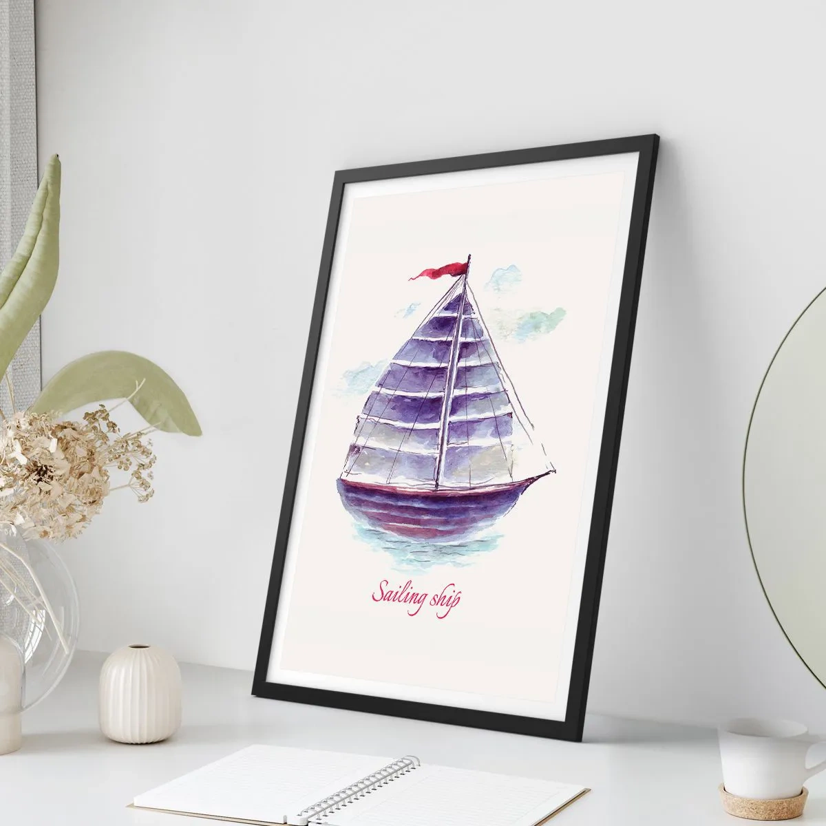 Affiche dans un cadre noir - Poster - Illustration à l'aquarelle d'un voilier sur une eau calme - 50x70cm - Plein de voiles et d’eau calme - Décoration murale moderne pour le salon et la chambre ARTTOR