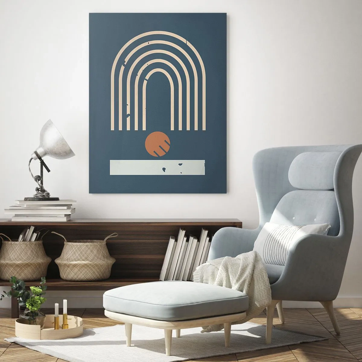 Impression sur verre - Image sur verre - Motif géométrique dans les tons bleu marine, beige et orange sur fond sombre - 70x100cm - Géométrie sur la grenade - Décoration murale moderne pour le salon et la chambre ARTTOR