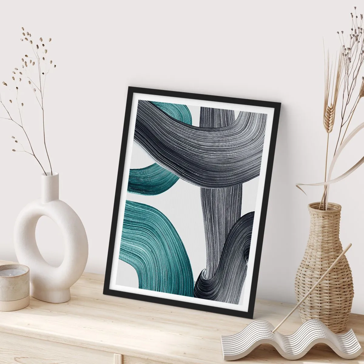 Affiche dans un cadre noir - Poster - Sentiers émeraude et noirs - 70x100 cm