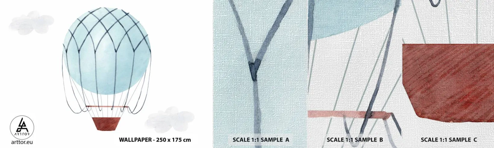 Échantillon de Papier Peint Premium Canvas - Entièrement dans les nuages - Enfants, Ballon, Minimalisme - 100x30 cm