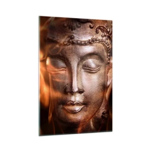 Impression sur verre - Image sur verre - Une statue de Bouddha au milieu de flammes aux teintes dorées - 80x120cm - Il n'existe qu'ici et maintenant - Décoration murale moderne pour le salon et la chambre ARTTOR