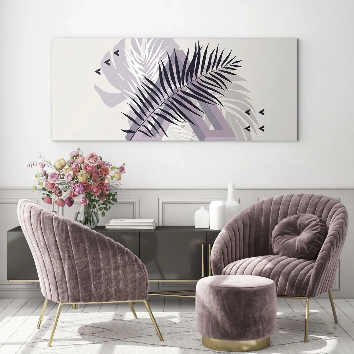 Impression sur verre - Image sur verre - Une composition minimaliste avec des feuilles et des formes géométriques - 120x50cm - L'ombre de l'obscurité - Décoration murale moderne pour le salon et la chambre ARTTOR