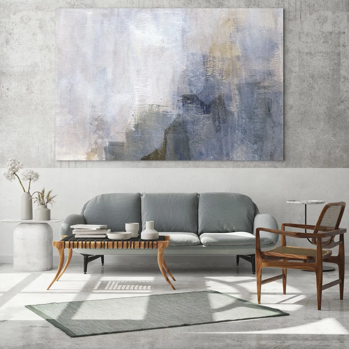 Impression sur verre - Image sur verre - Taches abstraites subtiles dans des tons de bleu et de beige - 160x50cm - Tonalités et accords de couleur - Décoration murale moderne pour le salon et la chambre ARTTOR